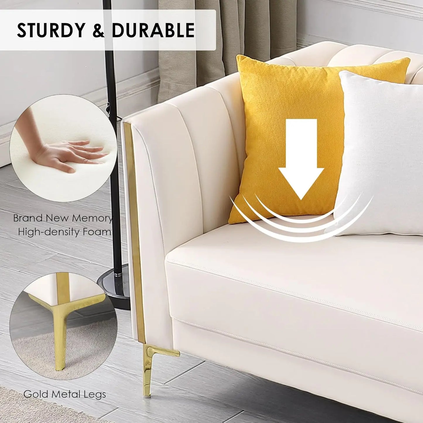 78in White Faux Leather Sofa 3 Seater Gold Metal Legs Deep Seat Living Room with 2 Pillows, Customized