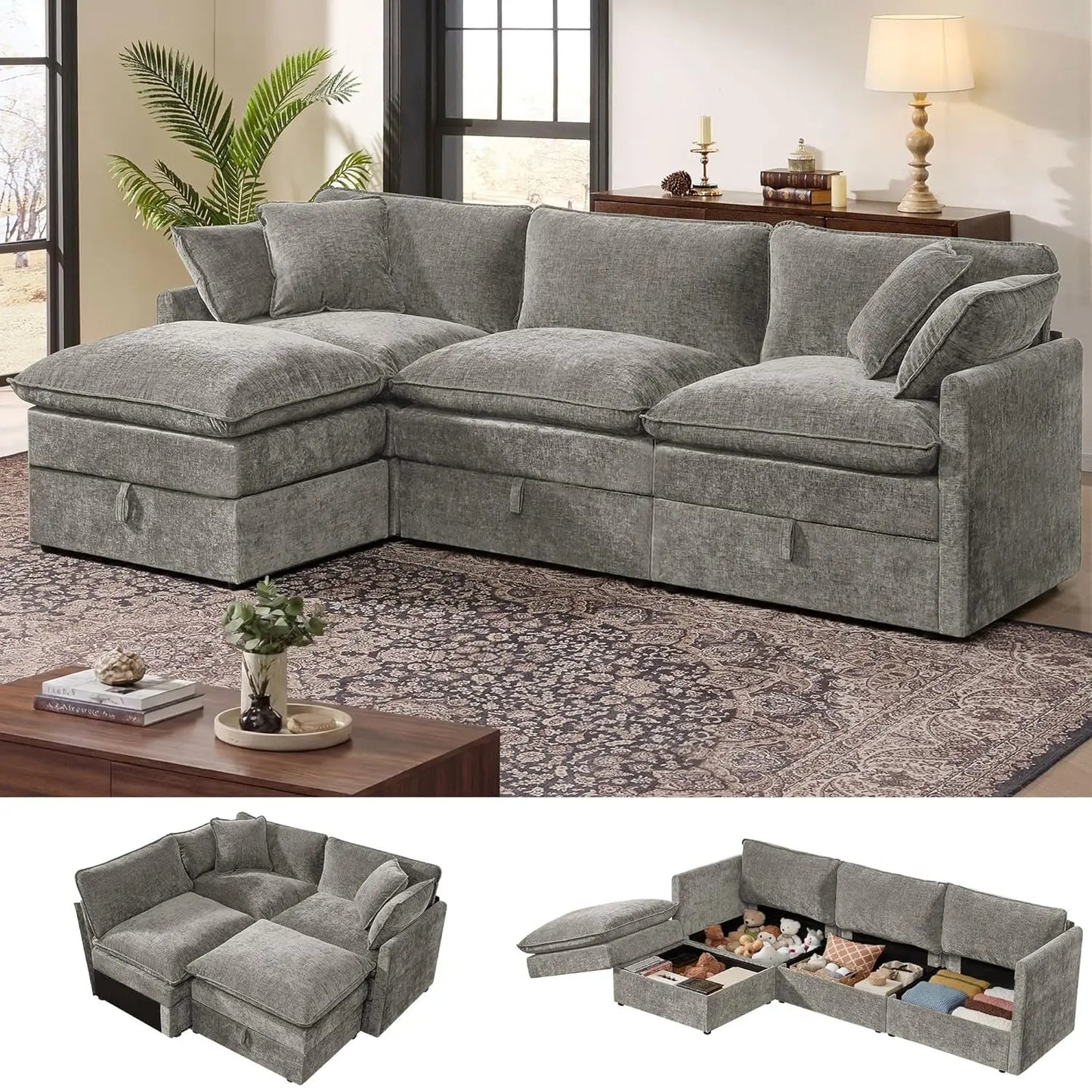 Modular Sectional Sofa With Storage L Shaped Chenille Movable Ottoman