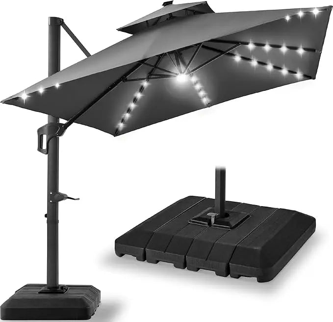 9x12ft LED Cantilever Patio Umbrella w/Base Included & 360° Rotation, Large Solar Offset Hanging Outdoor Sun Shade for Deck