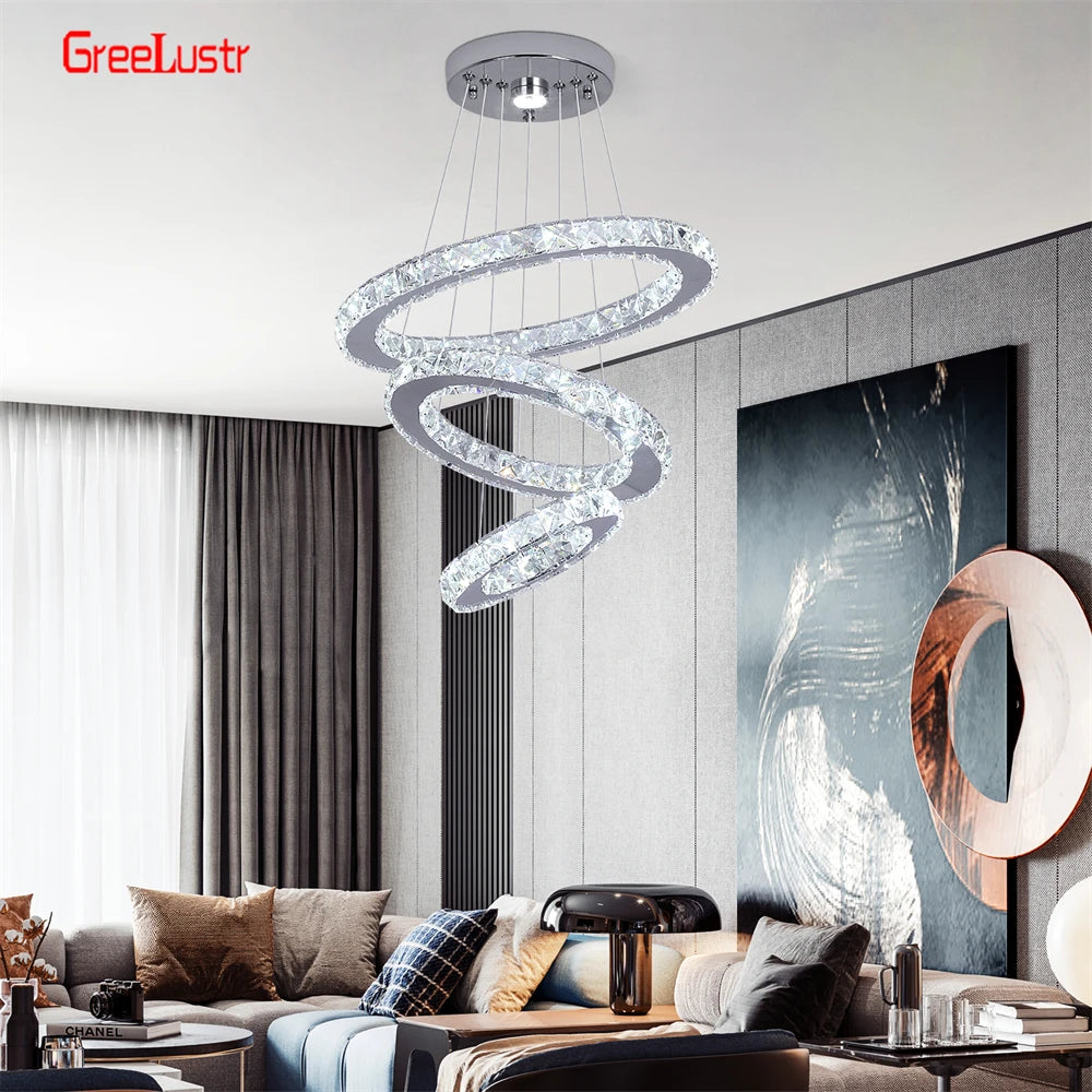 GreeLustr Crystal Chrome LED Pendant Light Chandelier for Living Rooms