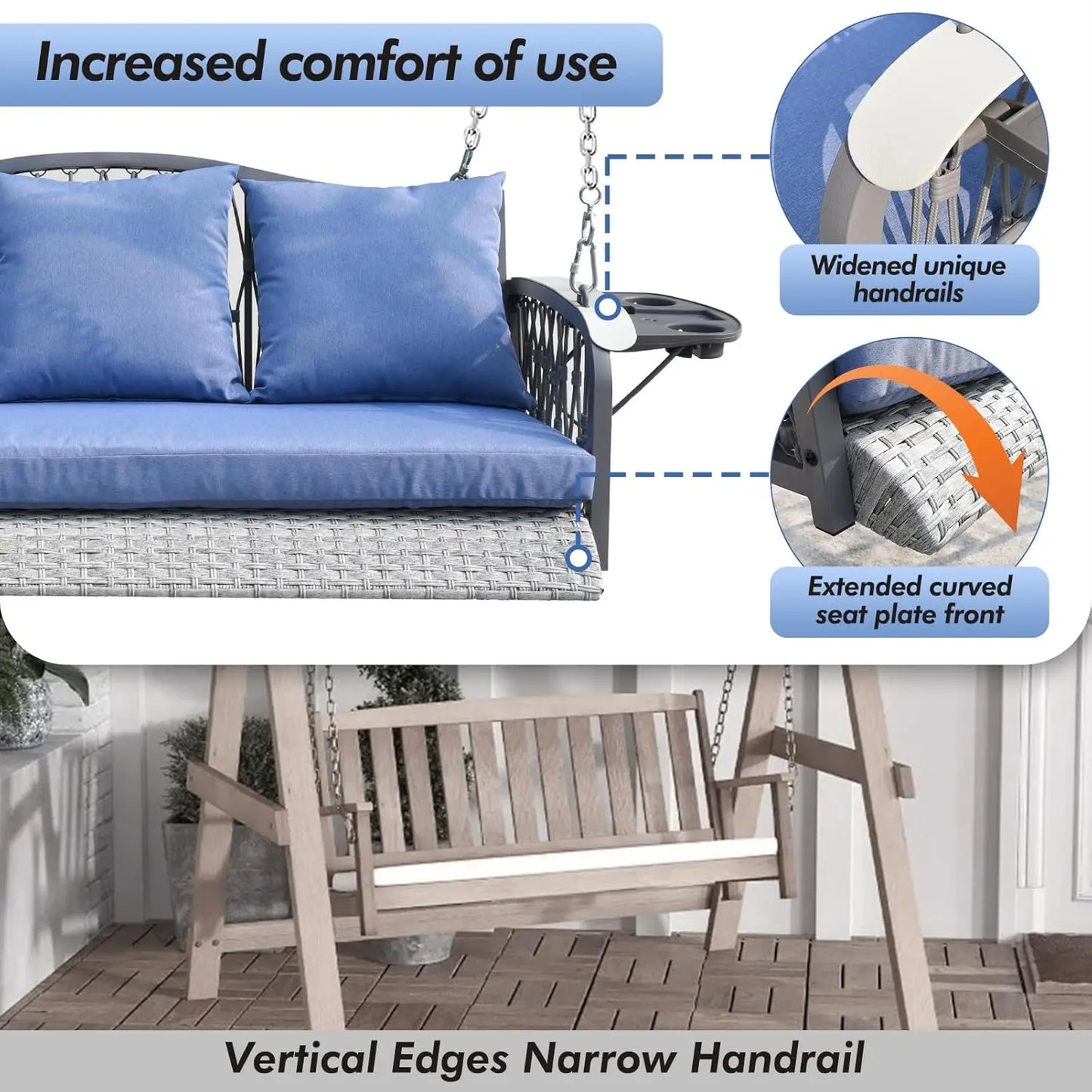 Outdoor Wicker Porch Swing Chair With Cushions And Cup Holders