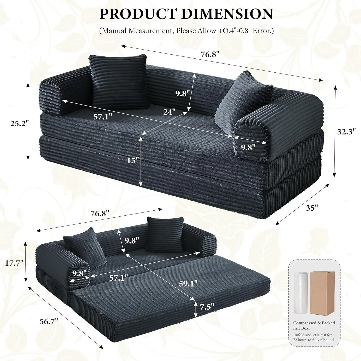 Couch Futon Sofa Bed Sectional Cloud Sleeper For Living Room
