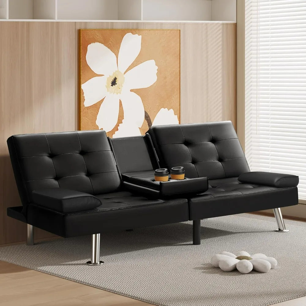 Futon Sofa Bed Faux Leather Couch With Cup Holders
