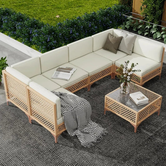 Outdoor Patio Furniture Set, Wicker Outdoor Sectional Set, Boho Patio Conversation Sectional Sofa with Large Tempered Glass Cof
