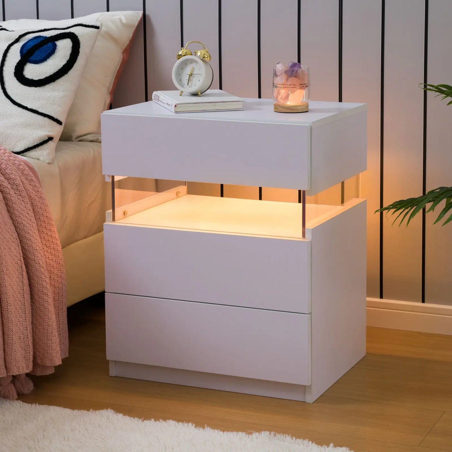 Cubehom LED Bedside Tables 2 Pack With 3 Drawers Bedroom