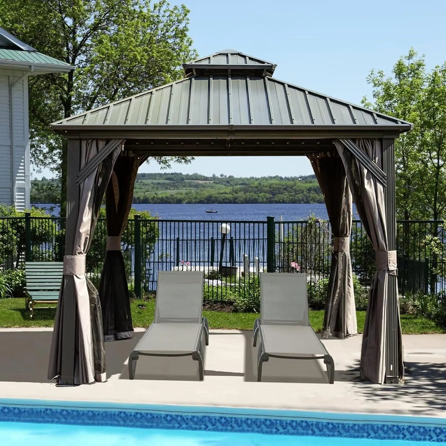 DUOFU Outdoor Gazebo With Galvanized Steel Hardtop Netting And Curtains