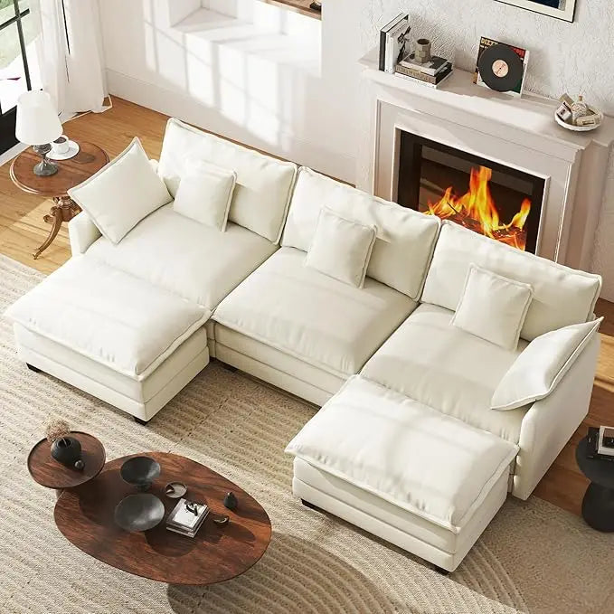U-Shape Modular Sectional Sofa Chenille Deep Seat With Movable Ottomans