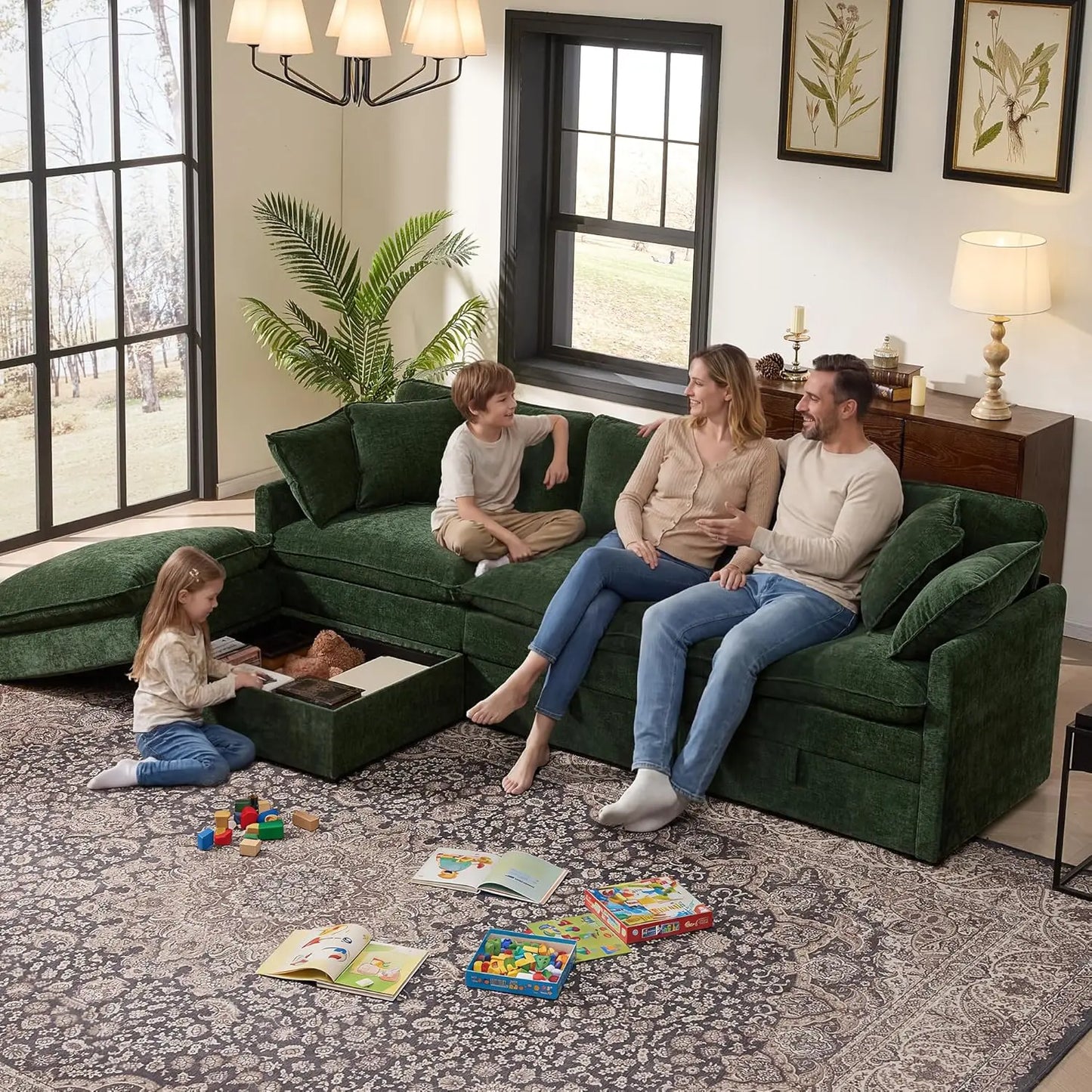 Modular Sectional Sofa With Storage L Shaped Chenille Movable Ottoman