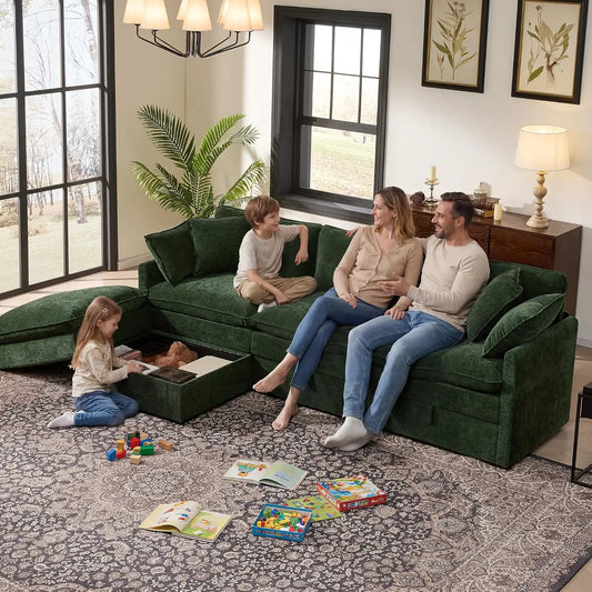 Modular Sectional Sofa With Storage L Shaped Chenille Movable Ottoman