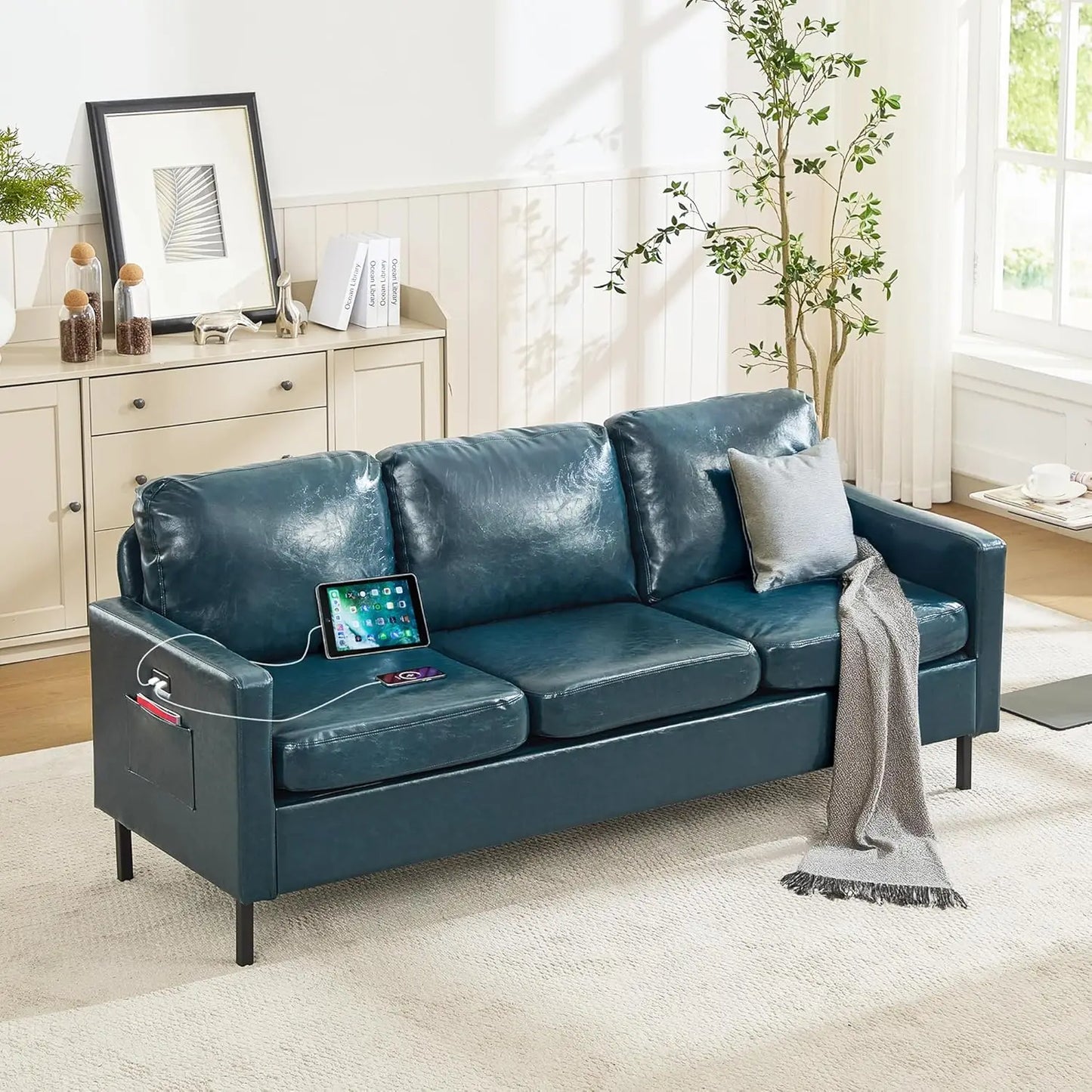 Faux Leather Sofa Modern With USB Ports For Living Room