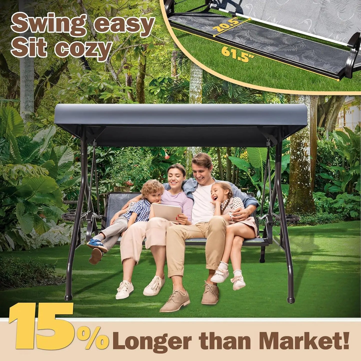3 Seat Patio Swing Chair With Adjustable Canopy Textilene