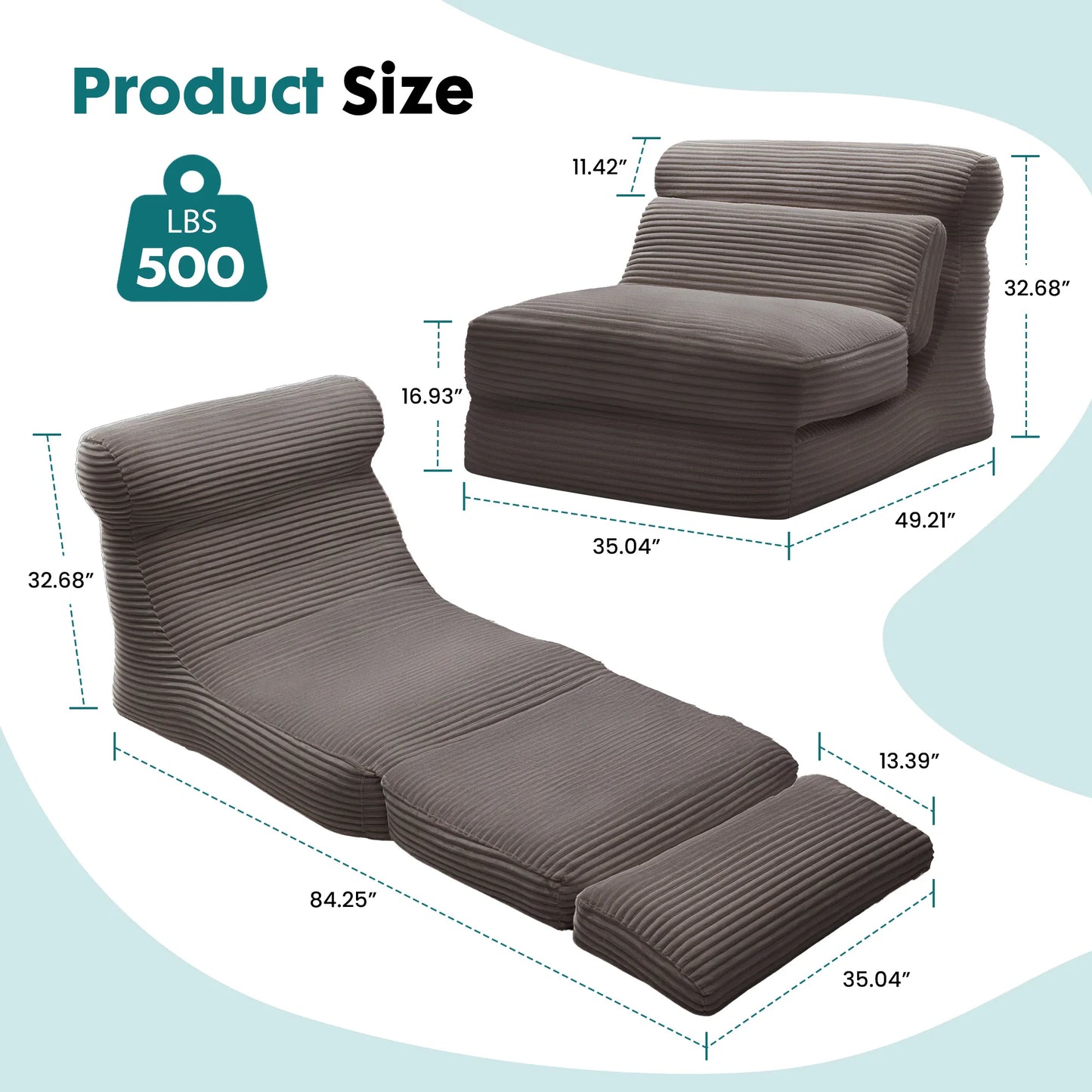 JHK Ergonomic Folding Sofa Bed With Back Lumbar Support Corduroy