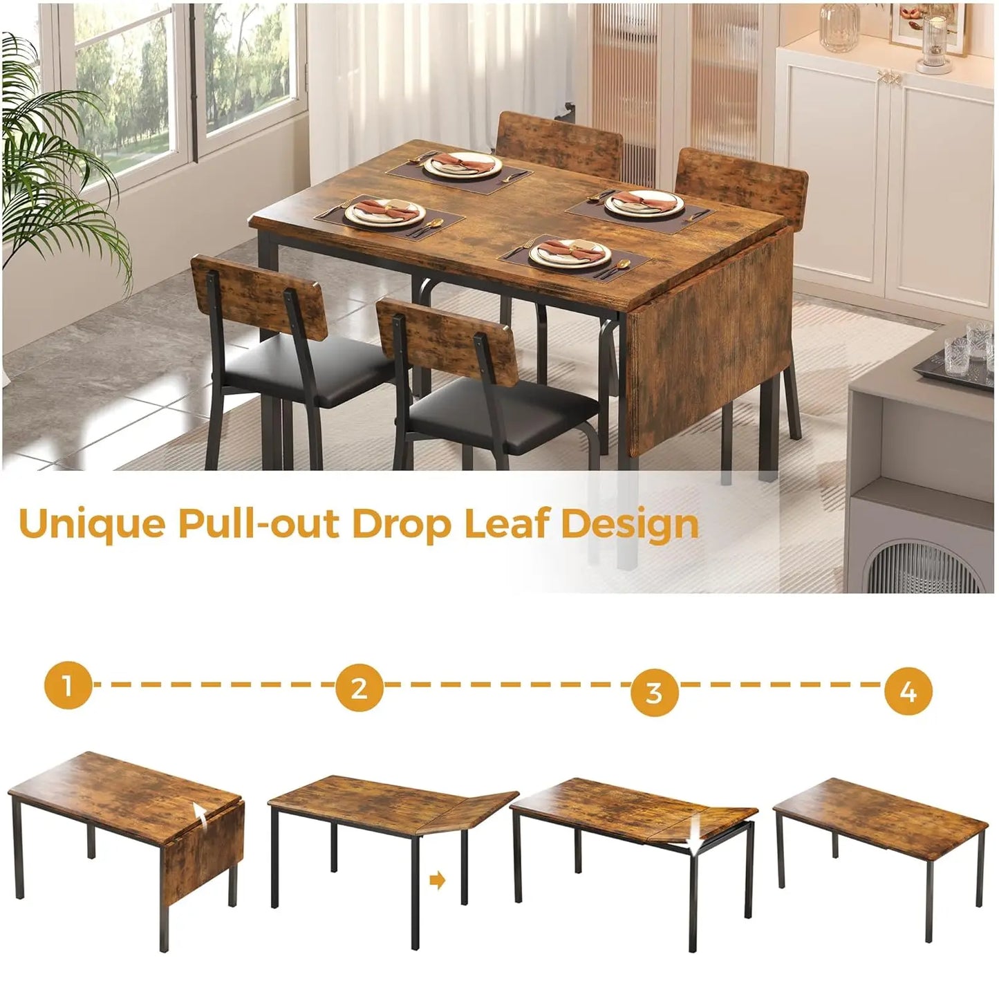 Rustic 5-Piece Dining Table Set With Upholstered Chairs