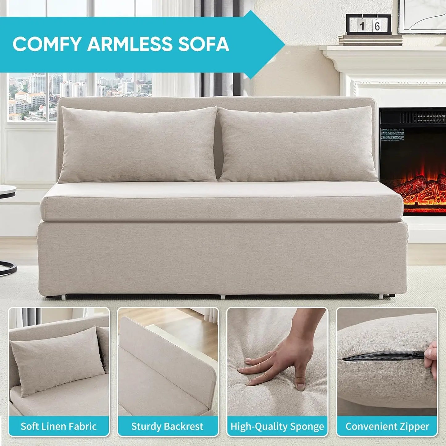 Queen Pull Out Sofa Bed Linen Convertible Couch With Pillows