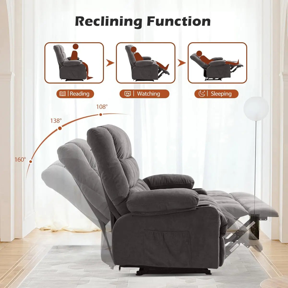 GUANGBAI Ergonomic Manual Recliner Loveseat With Cup Holders