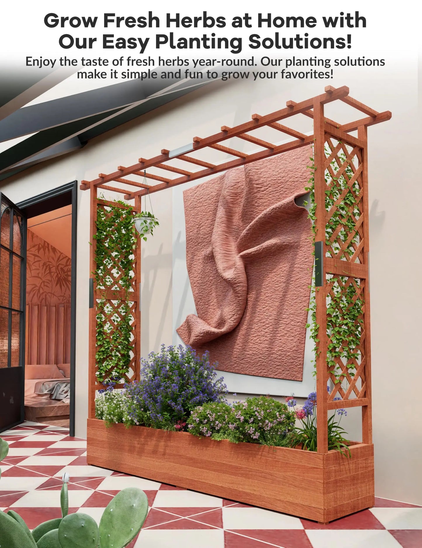 HiMISS Elevated Wooden Raised Garden Bed With Trellis For Climbing