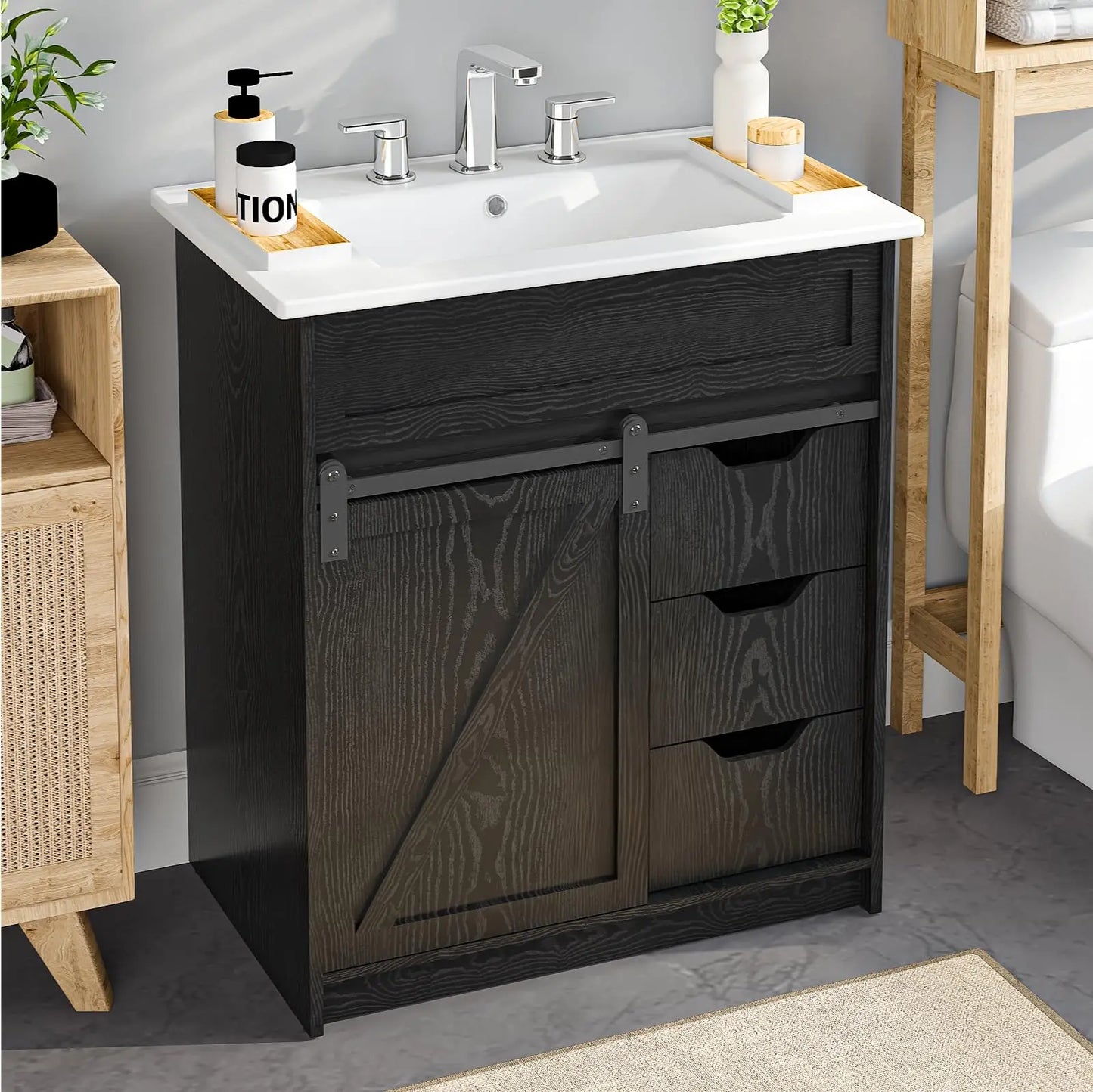 Farmhouse Bathroom Vanity Set With Sliding Barn Door And Drawers