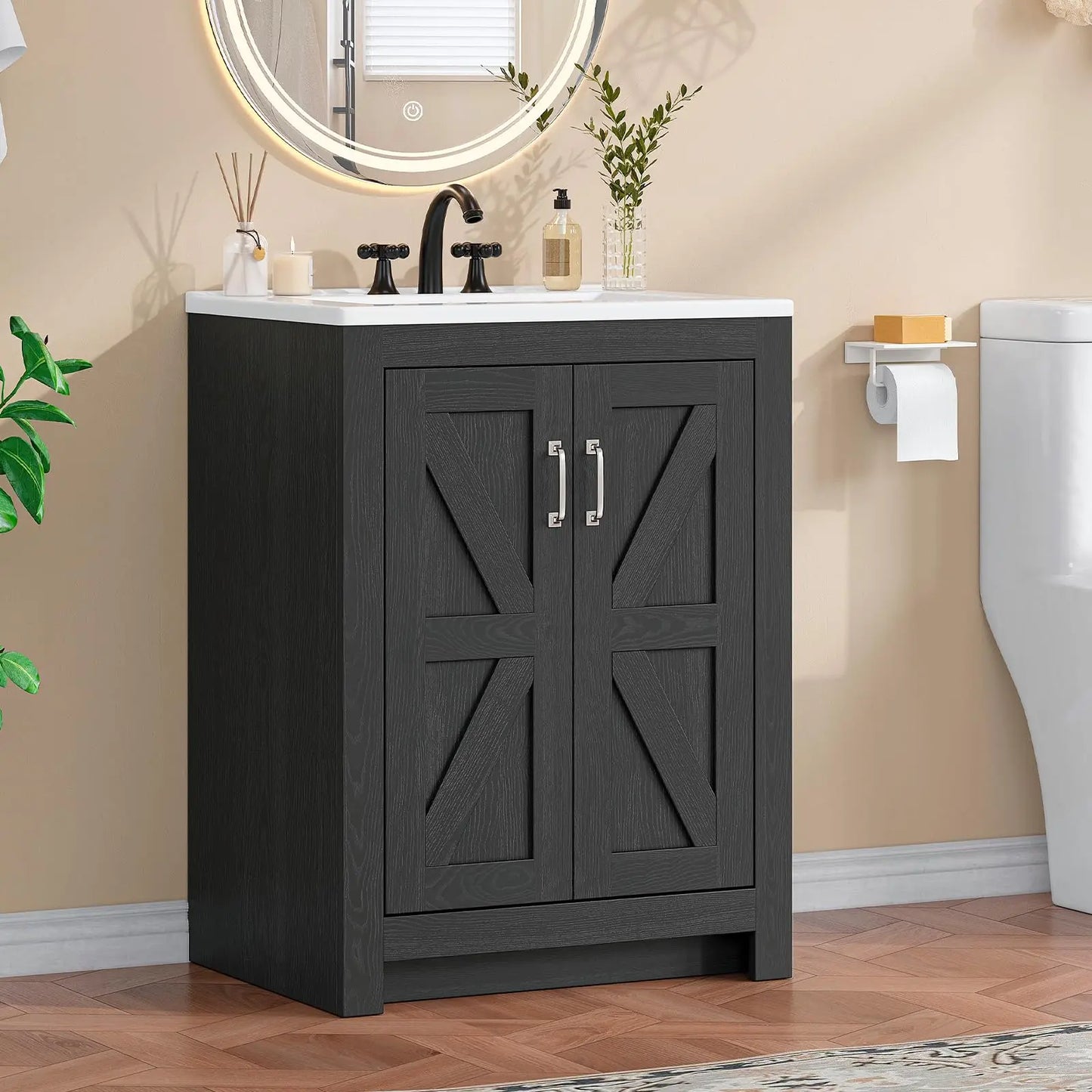 Farmhouse Style Bathroom Vanity With Ceramic Basin And Freestanding Wood Cabinet