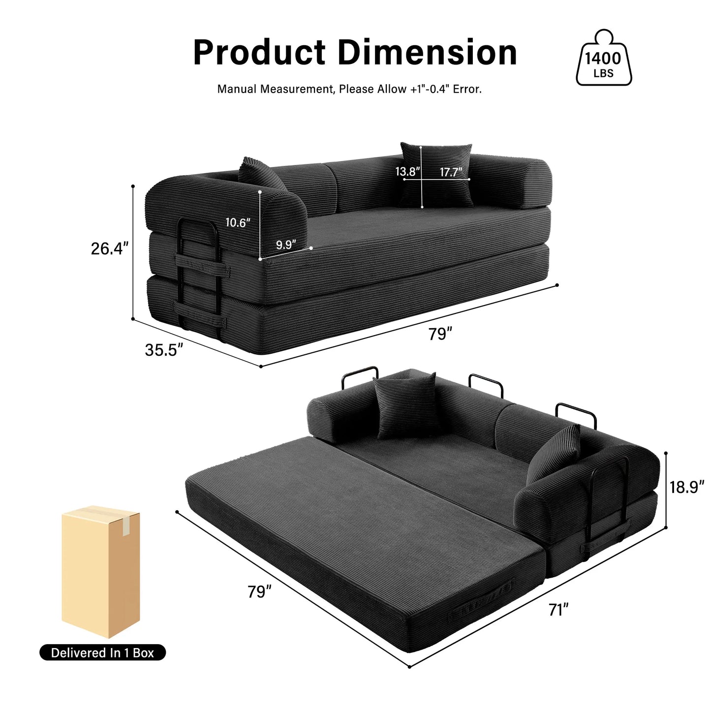 Foldable Convertible Futon Sofa Bed With L Shaped Armrests