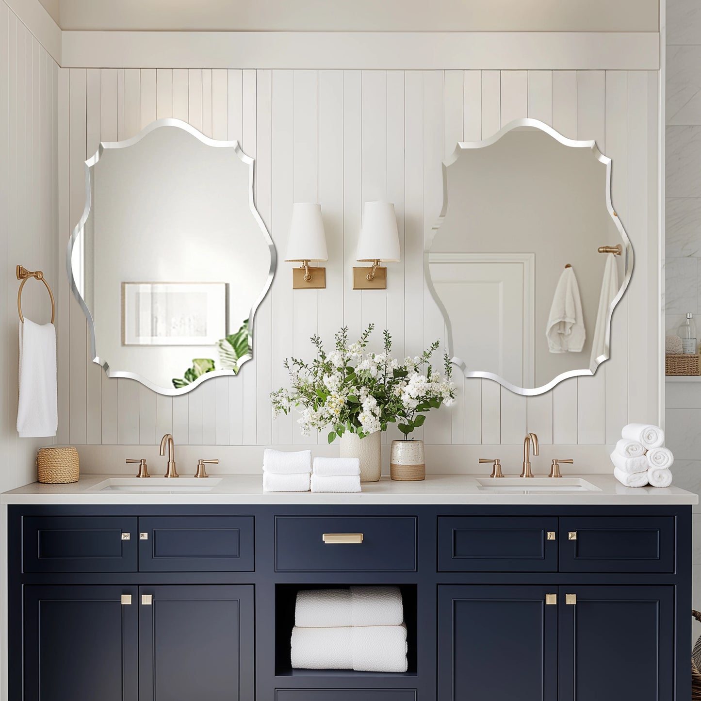 Wisfor Scalloped Frameless Wall Mirror With Beveled Edge For Bathroom