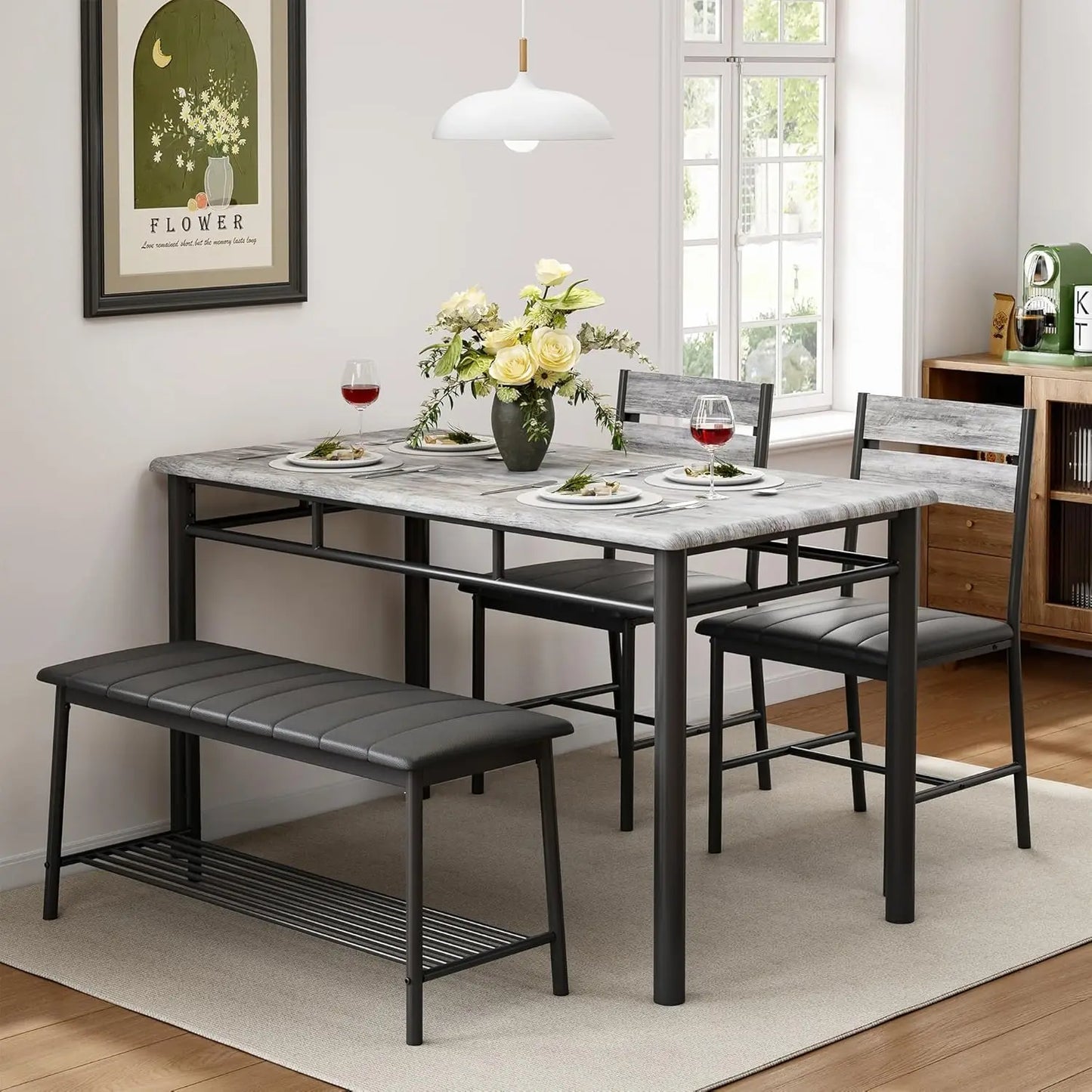 IRONCK Dining Table Set for 4, Kitchen Table and Chairs Set for Small Space, Kitchen Table with Upholstered Bench and 2 Chairs