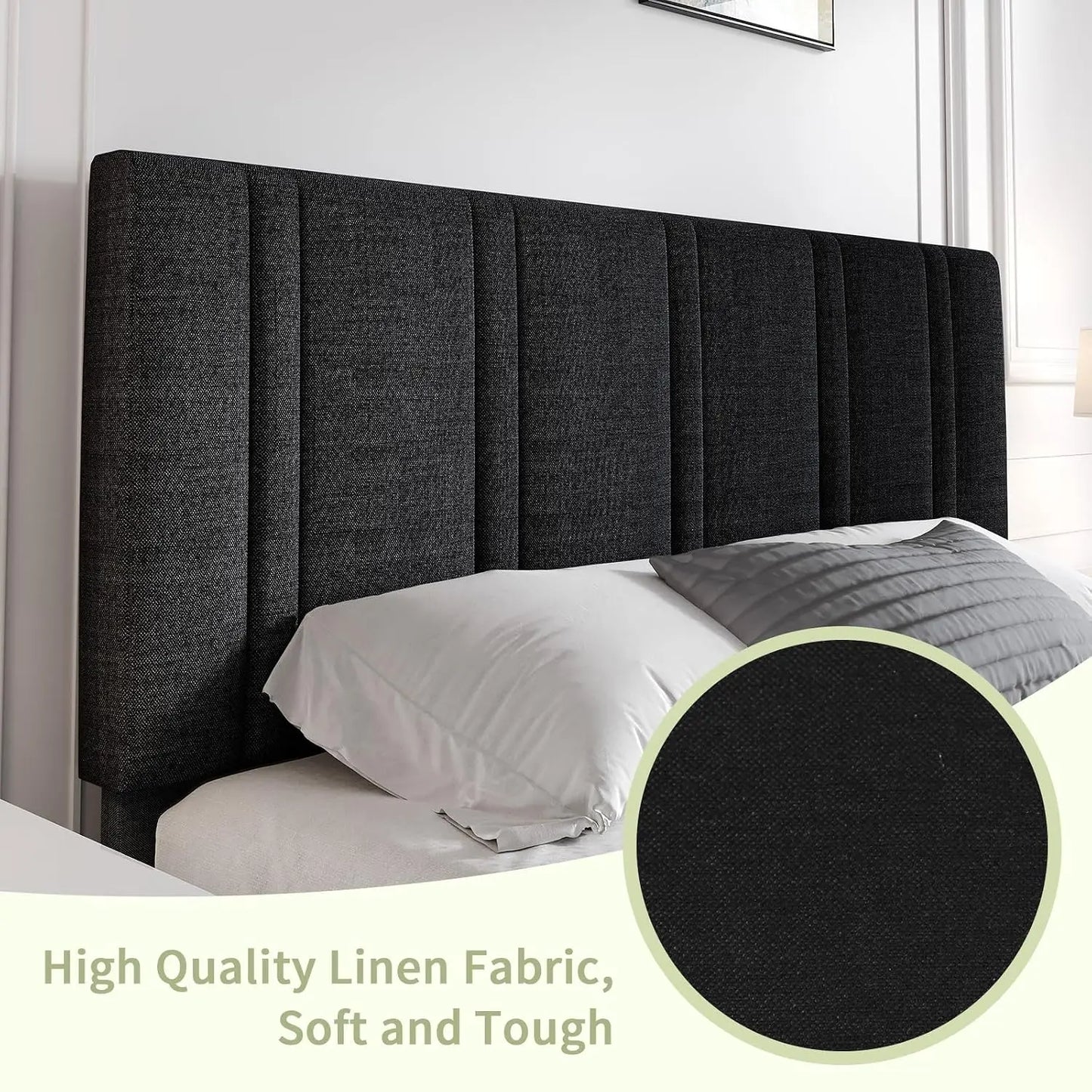 Twin Bed Frame With Adjustable Upholstered Headboard Linen Fabric