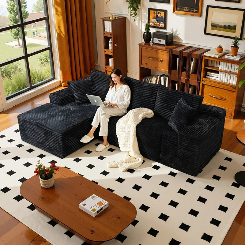 L-Shaped Living Room Sofa Bed Convertible In Corduroy Fabric No Assembly