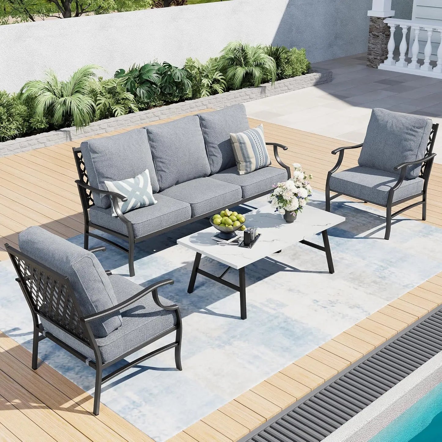 4 Piece Metal Outdoor Patio Furniture Set, Patio Conversation Sets 1 3-seater Sofa, 2 Swivel Chair with 5.75" Extra, Customized