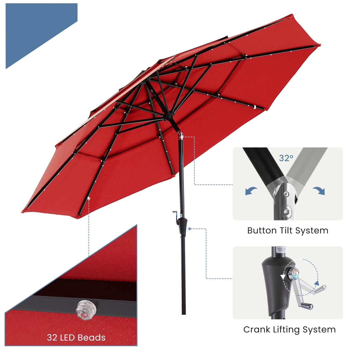 Solar LED Patio Umbrella With Tilt And Crank Lift 32 LED Lights UV Resistant