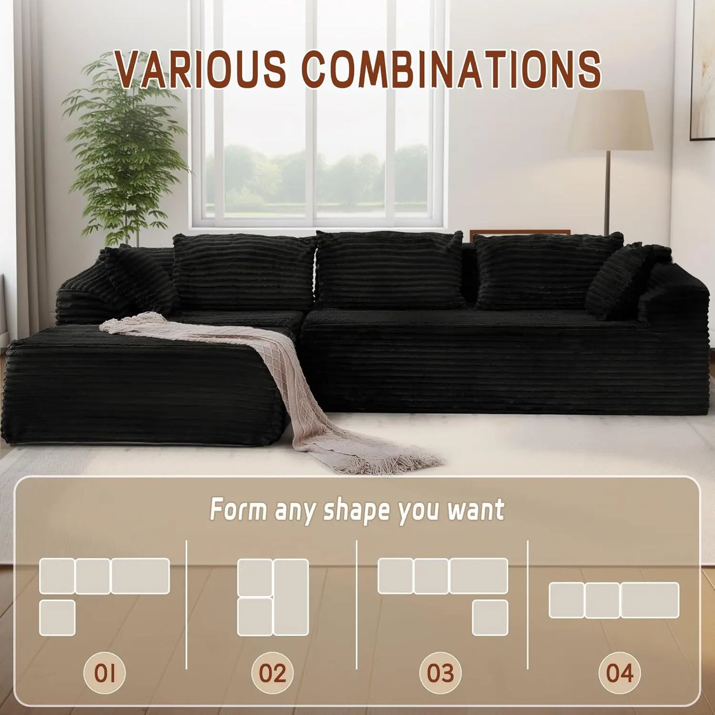 Modular Sectional Sofa L-Shape Chaise Cloud Couch Living Room Corduroy