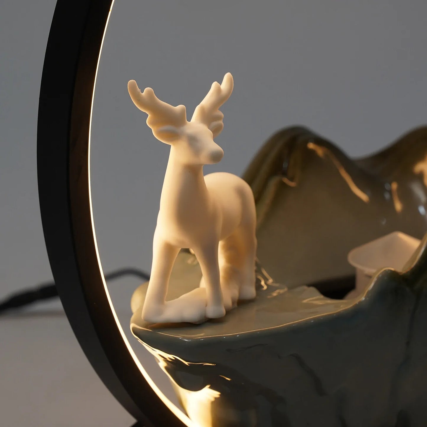 Ceramic Tabletop Fountain With Mist Pine Branches And LED Deer
