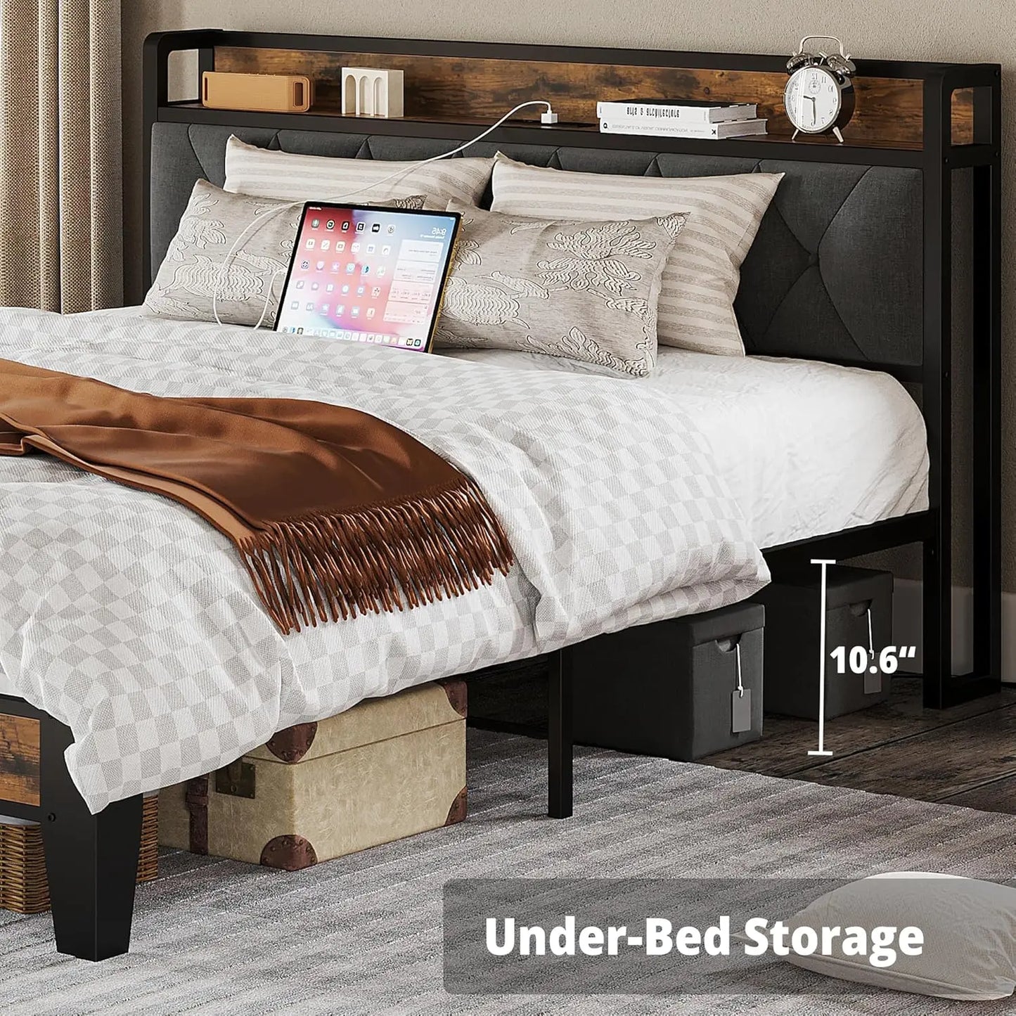 ANCTOR Bed Frames With Storage Headboard Outlets No Noise No Box Springs