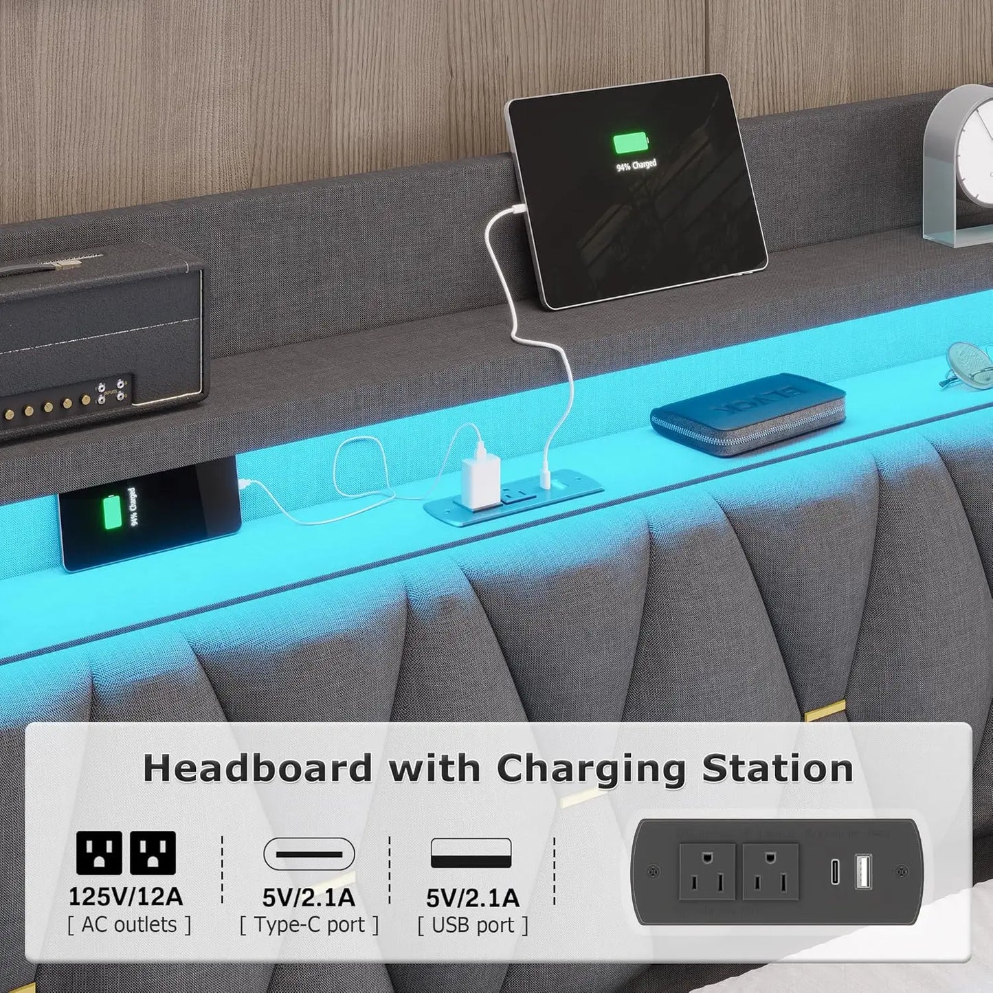LED Bed Frame With Charging Station And Upholstered Headboard