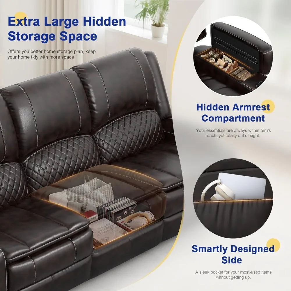 3 Seater Recliner Sofa with Liftable Console, USB Ports & Cup Holders, Manual PU Leather for Living Room/RV