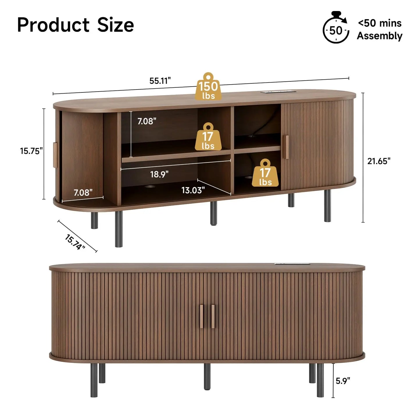 ONBRILL TV Stand With Power Outlet Sliding Doors Adjustable Shelves
