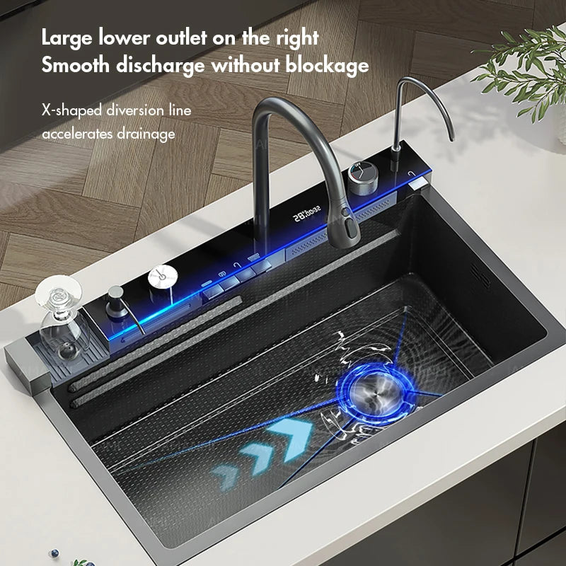 MYQualife 304 Stainless Steel Waterfall Sink Faucet Set With Digital Display