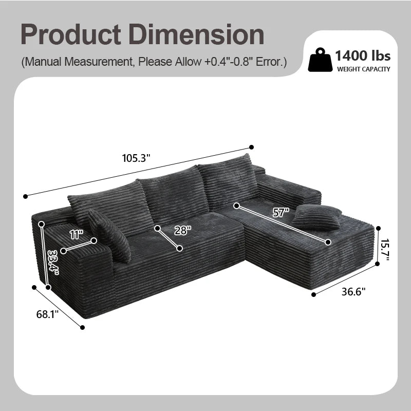 L-Shaped Living Room Sofa Bed Convertible In Corduroy Fabric No Assembly