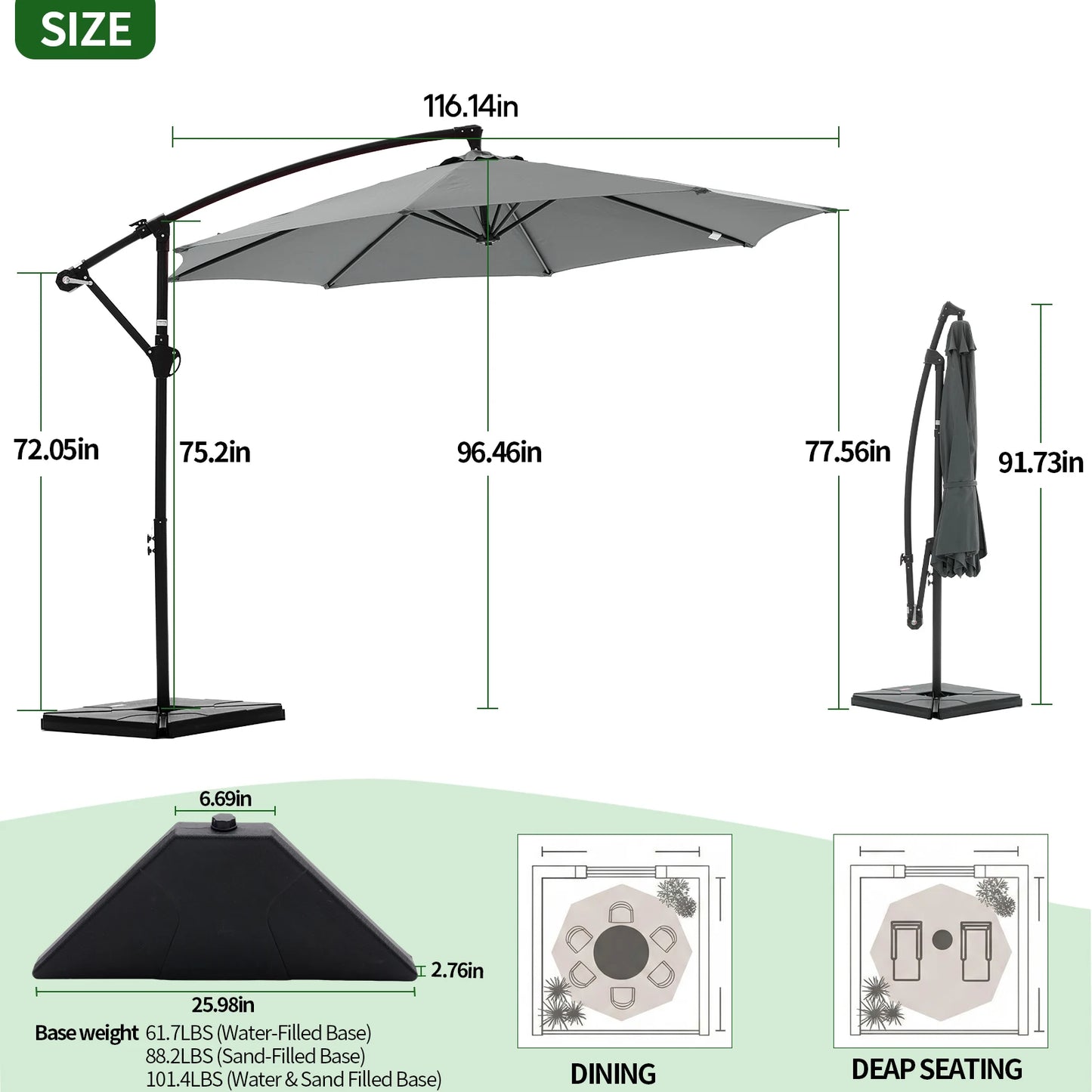 JHK Outdoor Offset Patio Umbrella With Base Cantilever Tilt UV Protection