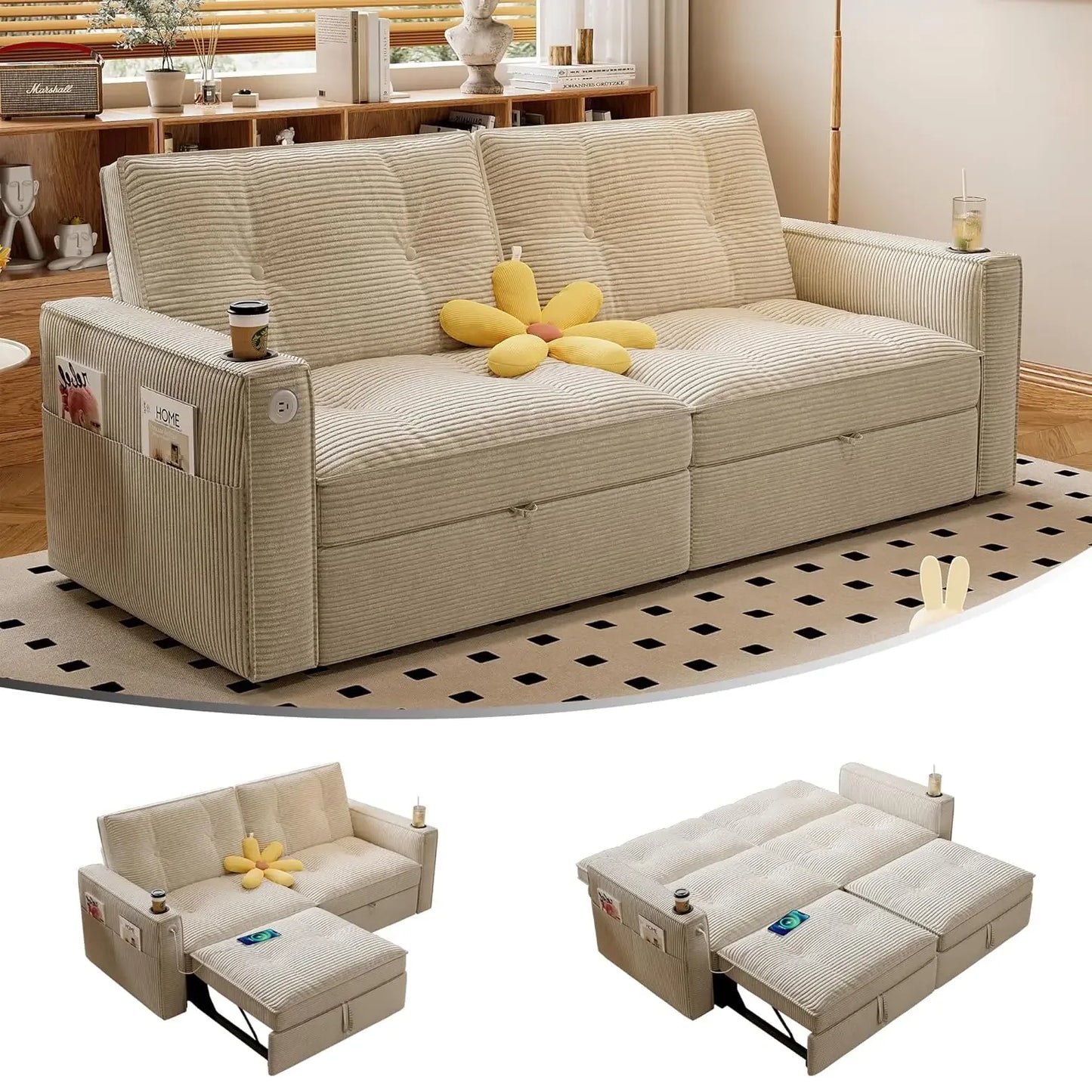 Guangbai Modern Seater Sofa Bed With USB Ports Pockets