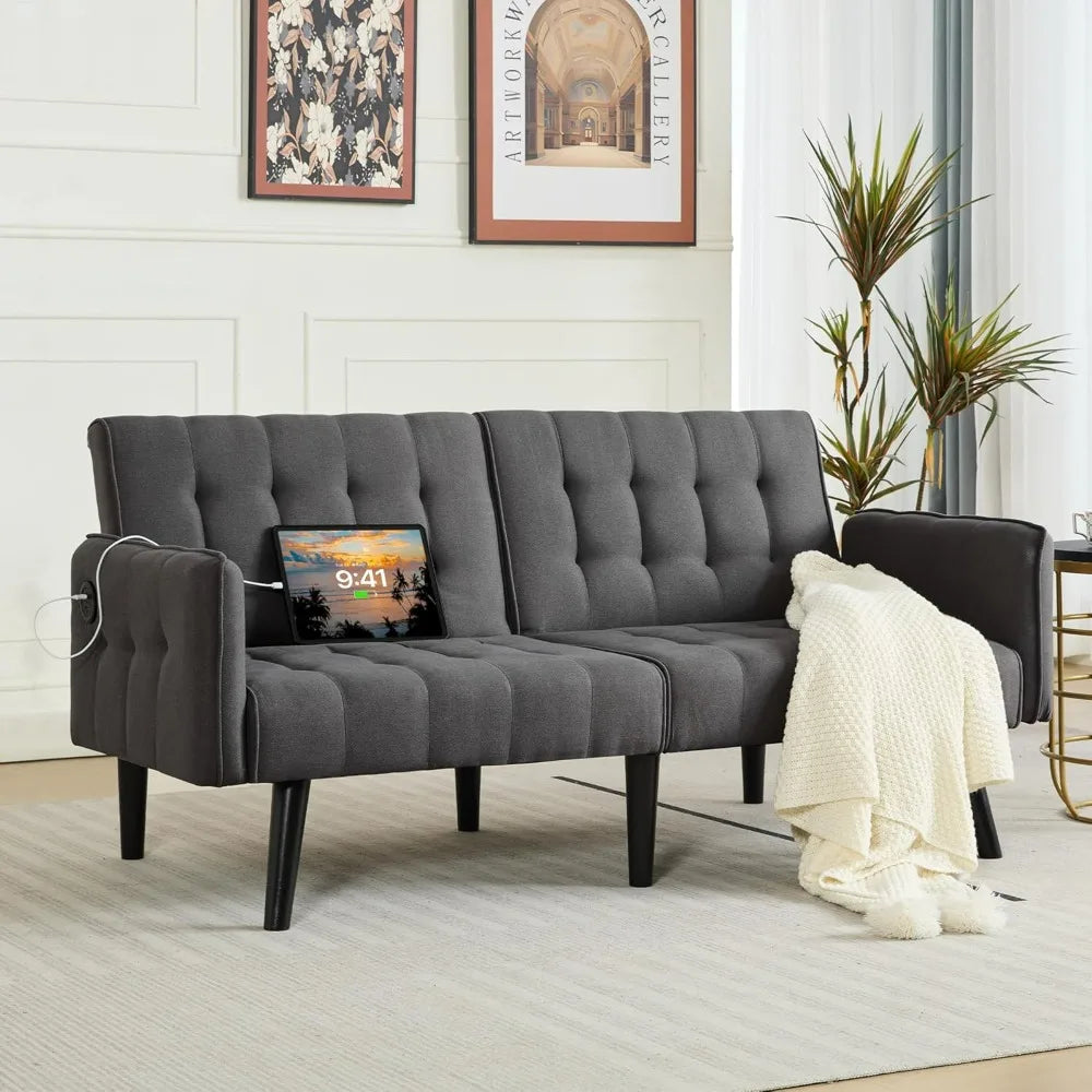 Futon Sofa Bed With USB Tufted Upholstered Loveseat Modern Mid Century