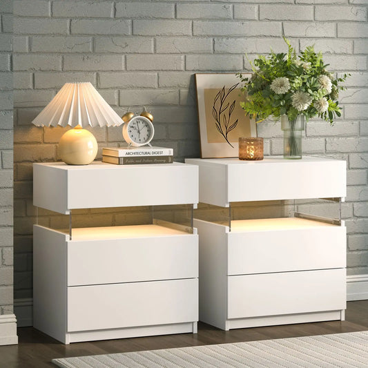 Cubehom LED Bedside Tables 2 Pack With 3 Drawers Bedroom