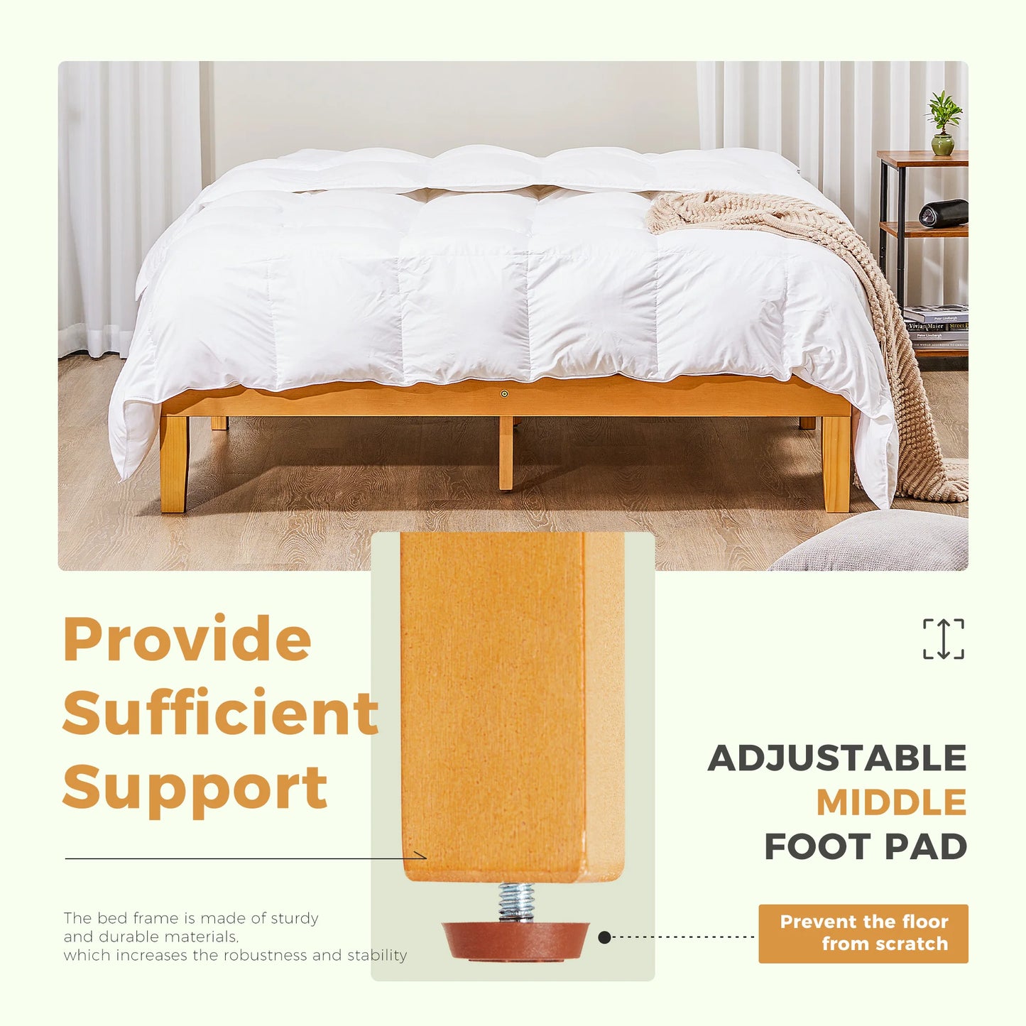 JHK Solid Wood Bed Frame With Sturdy Slat Support EcoFriendly