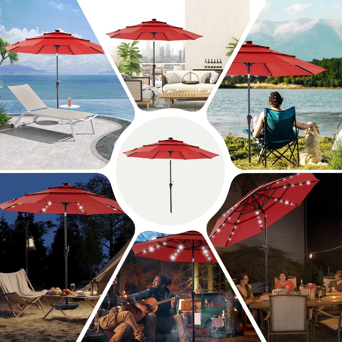 Solar LED Patio Umbrella With Tilt And Crank Lift 32 LED Lights UV Resistant