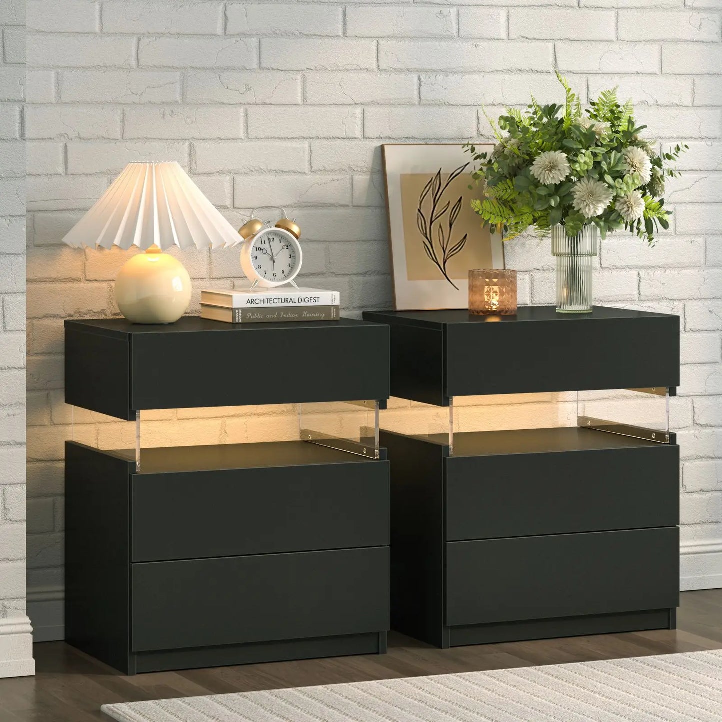 Cubehom LED Bedside Tables 2 Pack With 3 Drawers Bedroom