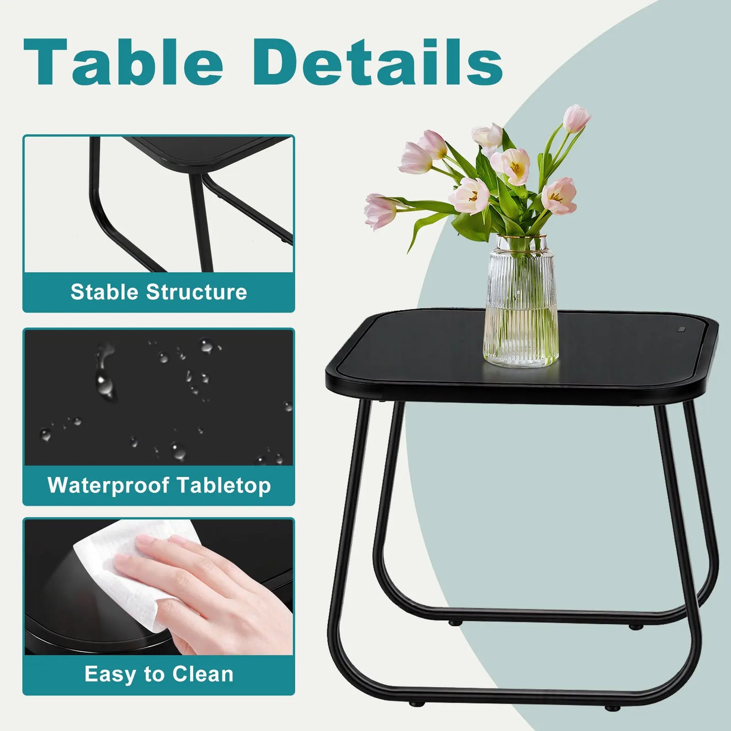 JHK Patio Furniture 3 Piece Outdoor Set With Table Metal Frame