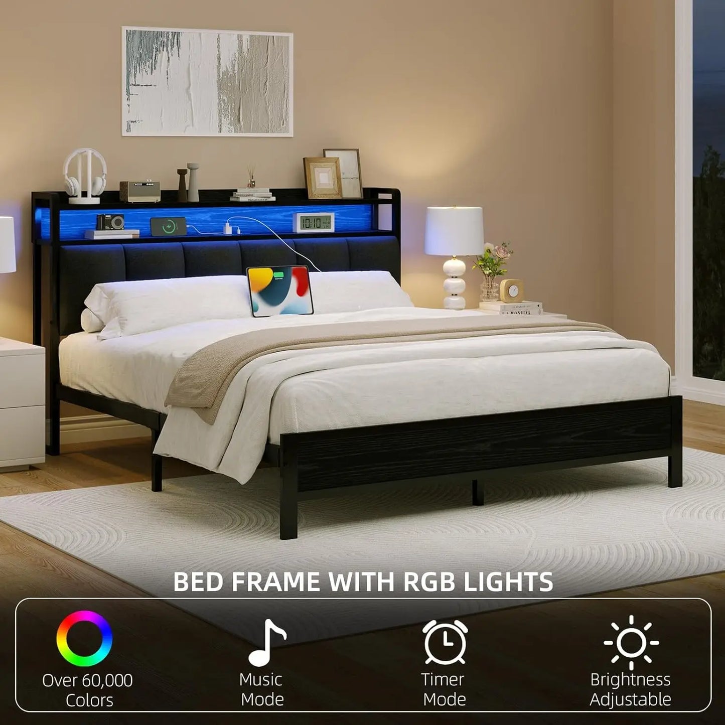 Full Size Metal Bed Frame With LED Lights And Charging