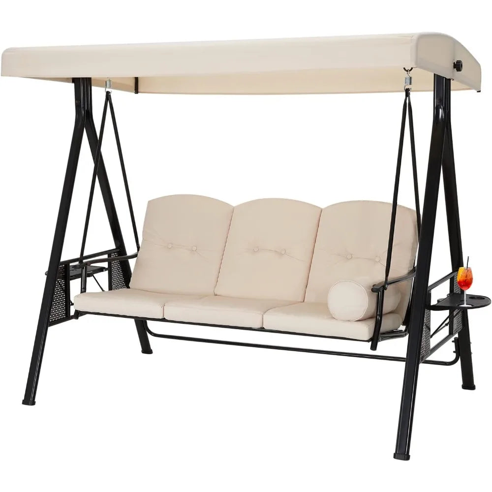 Outdoor 3 Seat Porch Swing With Adjustable Canopy And Cushions