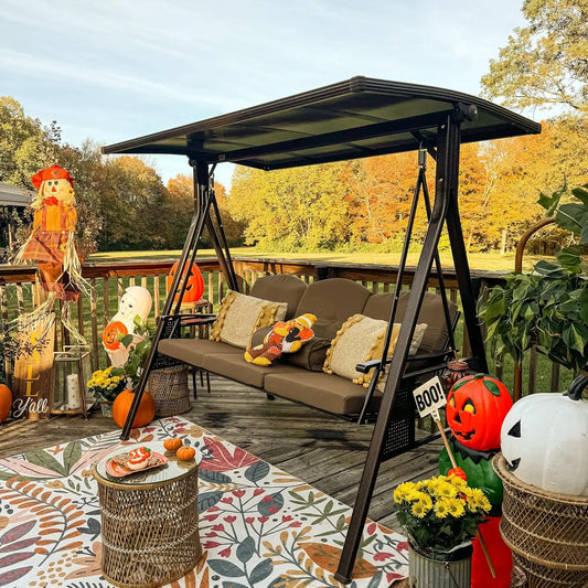 Adjustable Canopy 3 Seat Outdoor Porch Swing Bench Cup Holder