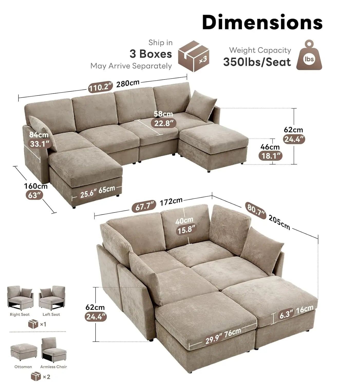 Modular U Shape Sectional Sofa With Chenille Cushions For Living Room