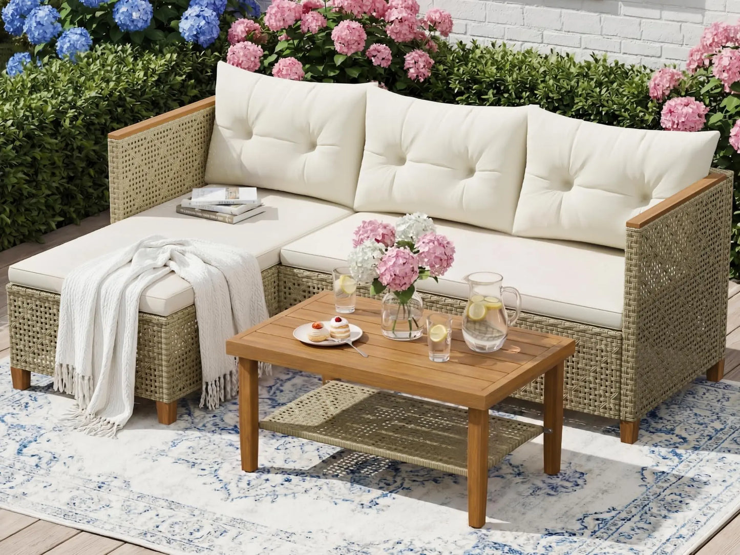 Wicker Patio Furniture Set 3 Pieces Outdoor Sofa Tufted Pillow